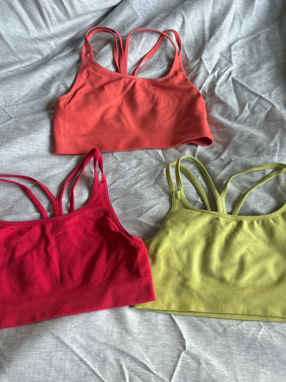 Zella Set of 3 Strappy Sports Bras in Coral, Hot Pink & Lime